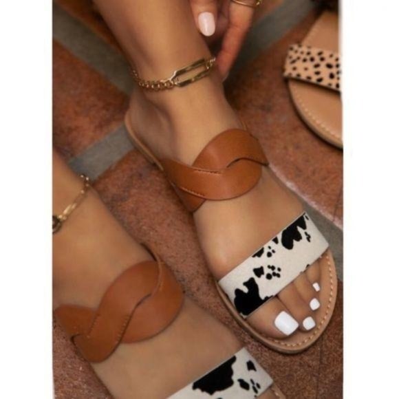Shoe Affair Shoes - Cow Print & Tan Double Band Slide Sandals